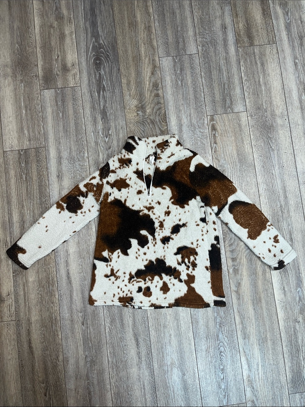 Cow-Print Sherpa Zip-Up Pullover in Brown & White